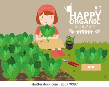Women grow vegetables. Growing Vegetables in a Home Garden. Pretty girl. Vector illustration