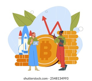 Mujeres con crecimiento de la criptomoneda. Chicas jóvenes cerca de la pila de monedas de oro. Bitcoin y tecnología blockchain, criptomoneda. Alfabetización financiera e ingresos pasivos. Ilustración vectorial plana