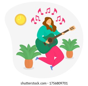 women and guitar for music at home concept illustration