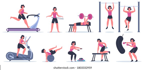 Women at gym. Female sport fitness character, workout girl run, pull up and squat, training exercise at sport gym vector illustration set. Woman exercise training, athletic female with dumbbell - Shutterstock ID 1803332959