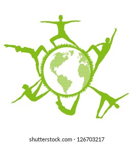 Women gymnastics and fitness gym silhouettes round the world vector ecology concept