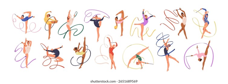 Mulheres ginastas set. Atletas do sexo feminino realizando ginástica rítmica e artística. Desempenho esportivo profissional com fita, bola e aro. Ilustração de vetor plano isolada no plano de fundo branco
