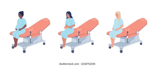 Women at gynecologist appointment semi flat color vector characters set. Editable figures. Full body people on white. Simple cartoon style illustrations for web graphic design and animation collection