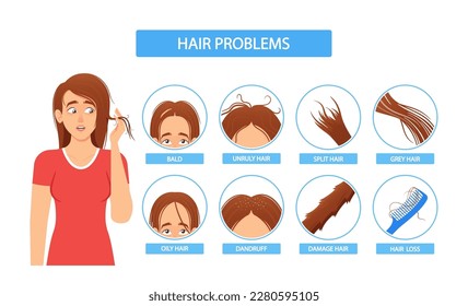 Infografía De Problemas De Cabello En Mujeres. Mujer con calva, indebidamente, fraccionada, oleosa, daño, pelo gris, caspa y pérdida de pelo