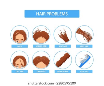 Iconos Infográficos De Problemas De Cabello Para Mujeres. Carácter femenino con calvo, indebidamente, fraccionado, oleoso, pelo gris, caspa o pérdida de pelo