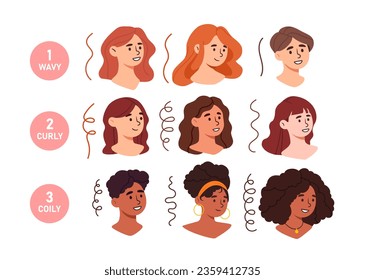 Mujeres con el tipo de pelo. Estilos ondulados, cómodos y rizados. Belleza y elegancia. Moda y estilo. Plantilla y burla. Colección vectorial plana de dibujos animados aislada en fondo blanco