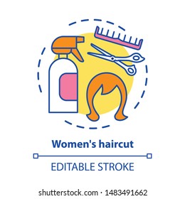 Women haircut concept icon. Hair care and treatment products. Hairstyling idea thin line illustration. Hairdresser salon equipment, hairstylist tools. Vector isolated outline drawing. Editable stroke