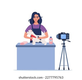 Women hairdresser grooming a dog on camera. Woman blogger with hair dryer and comb in her hands dries the dog's fur. Pet grooming salon. Vector illustration