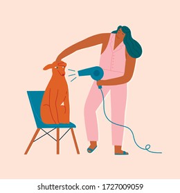 Women Hairdresser Grooming A Dog In Pet Groom Saloon Cartoon Funny Modern Illustration In Vector. 