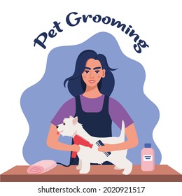 Women Hairdresser Grooming A Dog In Pet Groom Saloon. Woman With Hair Dryer And Comb In Her Hands Dries The Dog's Fur. Pet Grooming Salon. Vector Illustration