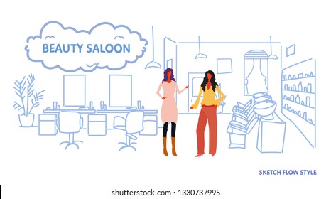 women hairdressers near armchair modern beauty saloon interior hairdressing room female workers full length sketch flow style horizontal