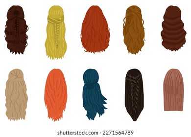 Women hairstyle concept. Collection with natural wigs and beautiful hairstyles. Back view vector illustration