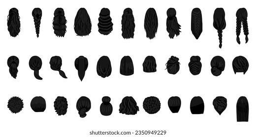 Women hairstyle concept. Collection with natural wigs and beautiful hairstyles. Back view vector illustration