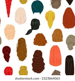 Women hairstyle concept. Seamless pattern with natural wigs and beautiful hairstyles. Back view vector illustration