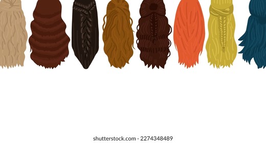 Women hairstyle concept. Web banner with natural wigs and beautiful hairstyles and empty space. Back view vector illustration