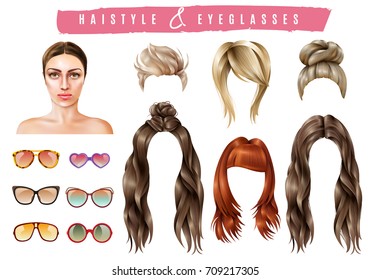 Women hairstyle eyeglasses collection with isolated realistic images of female hair and sunglasses of different shape vector illustration