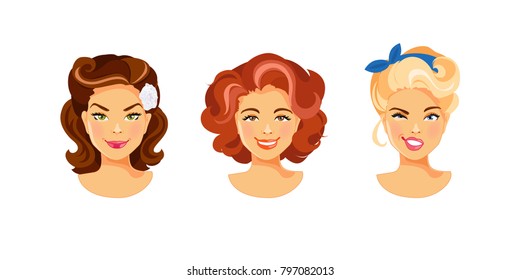 Women with hairstyle in retro style and different hair color. Vector illustration