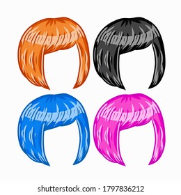 Women hairstyle. Set of Hair on head. Trendy modern pink, blue and red haircuts girl - bob cut. Sketch color cartoon illustration. Mask for app