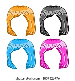 Women hairstyle. Trendy modern pink, blue and red haircuts girl - bob cut. Sketch color cartoon illustration. Mask for app. Set of Hair on head