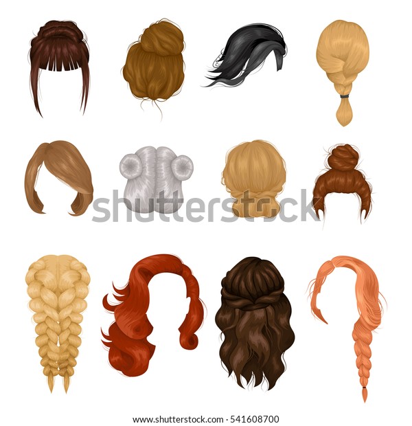 女性の髪型は 仮の髪型と自然の髪型を前と後ろのビューにリアルなアイコンコレクション 分離型ベクターイラスト のベクター画像素材 ロイヤリティフリー