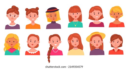 Women hairstyles avatars. Pretty female portraits, different female characters, cartoon girls with glasses, hats and jewellery, long and short hair, various haircut, vector isolated set