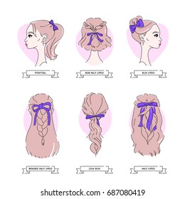 Women hairstyles made with bows and ribbons. Girl portrait drawings. Vector illustration eps 10 - Shutterstock ID 687080419