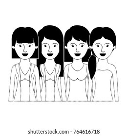 women in half body with casual clothes and long and short hair and hairstyle mushroom layered and pigtail in black dotted silhouette