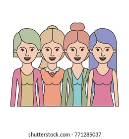 women in half body with casual clothes and long straight and short hair and collected and ponytail in colorful silhouette