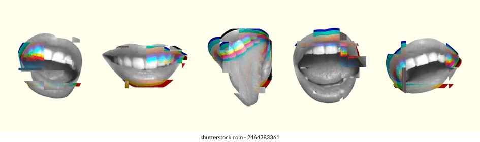 Las mujeres labios de medio tono con el efecto de interferencia y artefactos. Conjunto de Elementos de Vector recortados en estilo vintage para crear collages retro.