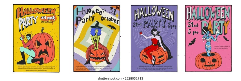 Women in Halloween costumes with pumpkins in retro style with lettring. Witch, alien, Frankenstein and vampire costumes. Vector retro illustrations with dough, Halloween poster.