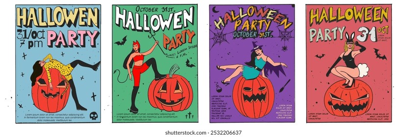 Mujeres en disfraces de Halloween con calabazas en estilo retro con letras de fiesta de halloween. Disfraces de brujas, diablos, gatos y conejitos. Vector ilustraciones retro con masa, cartel de Halloween.