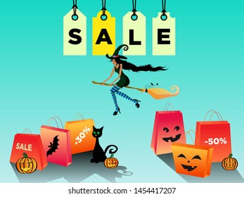 Women Halloween sale, discount with a beautiful blackskin witch flying on a broomstick. Funny pumpkins and a black cat sits close the bags with saleing -30% and -50%. Vector illustration EPS 10 on blu