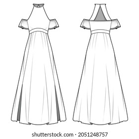 Women Halter Neck Frill Short Sleeve Maxi Dress Front and Back View. fashion illustration vector, CAD, technical drawing, flat drawing.