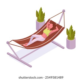 Women in hammock. Isometric garden summerhouse backyard hammock, female character chilling in hanging canvas bed 3d vector illustration. Girl spending time outdoor