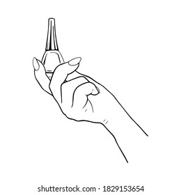 Women hand with beautiful manicure holding nail polish bottle. Vector illustration on a white background doodle style. Design for poster, invitation, flyer, beauty salon website decoration