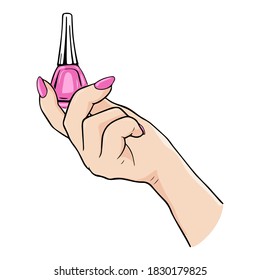 Women hand with beautiful manicure holding nail polish bottle. Vector illustration on a white background doodle style. Design for poster, invitation, flyer, beauty salon website decoration