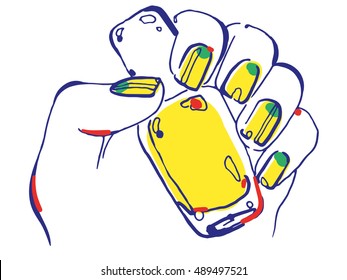 Women hand with beautiful manicure holding nail polish bottle vector illustration. Beauty sketching