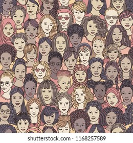 Women - hand drawn seamless pattern of a crowd of different women from diverse ethnic backgrounds