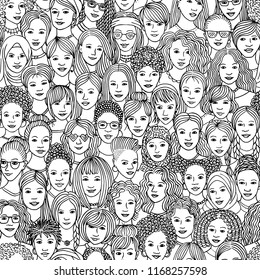 Women - hand drawn seamless pattern of a crowd of different women from diverse ethnic backgrounds in black and white