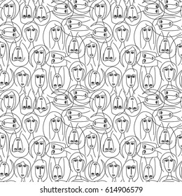 Women - hand drawn seamless pattern  of different women faces. Simple stylized shapes in black on white background.