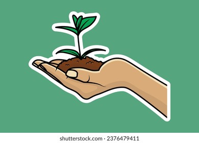 Women Hand Holding Green Plant and Soil vector illustration. People nature icon concept. Growth concept. Environment friendly symbol. Hand holding plant. Growth concept vector design.