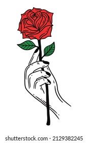 Women Hand Holding Rose Flower Gesture Flat line Art illustration