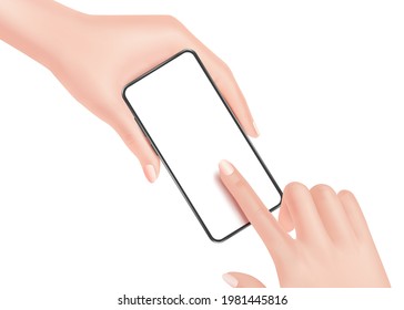 women hand is holding the smartphone or mobile phone and is touching the screen that is blank and all object on white background ,vector 3d illustration isolated for presentation design