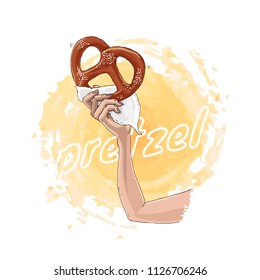 Women hand holds a big sweet pretzel. Fresh tasty Pretzel for Oktoberfest. Hand drawn sketch. Vector illustration.