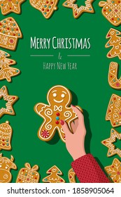 Women hand holds a gingerbread man. Christmas Homemade cookies for greeting card on green background. Vector