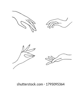 Women hand icons. Elegant female hands of different gestures. Lineart in a trendy minimalist style. Vector Illustration. EPS10.