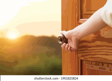 Women hand open door knob or opening the door, grand opening, Close up hand open door.