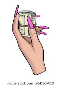 Women hand with pink manicure  holding money roll cash paument icons 