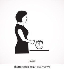 women hand and point finger to retro clock times at 11 o'clock, It's time to do something concept. Vector illustration. Icon Isolated on White Background.