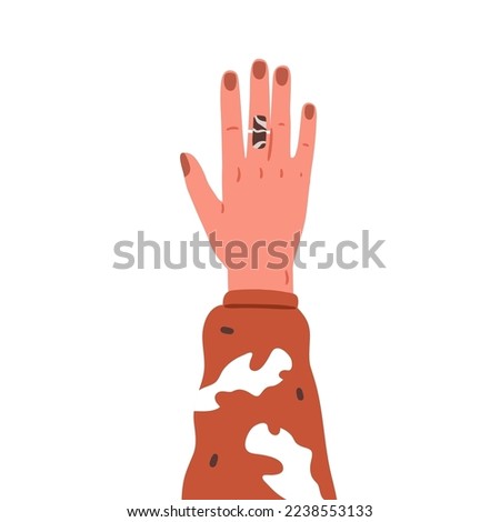 Women hand raised up with chic ring on finger. Female arm with classy gem stone, jewel, rich jewellery, neat red nails. Flat graphic vector illustration isolated on white background